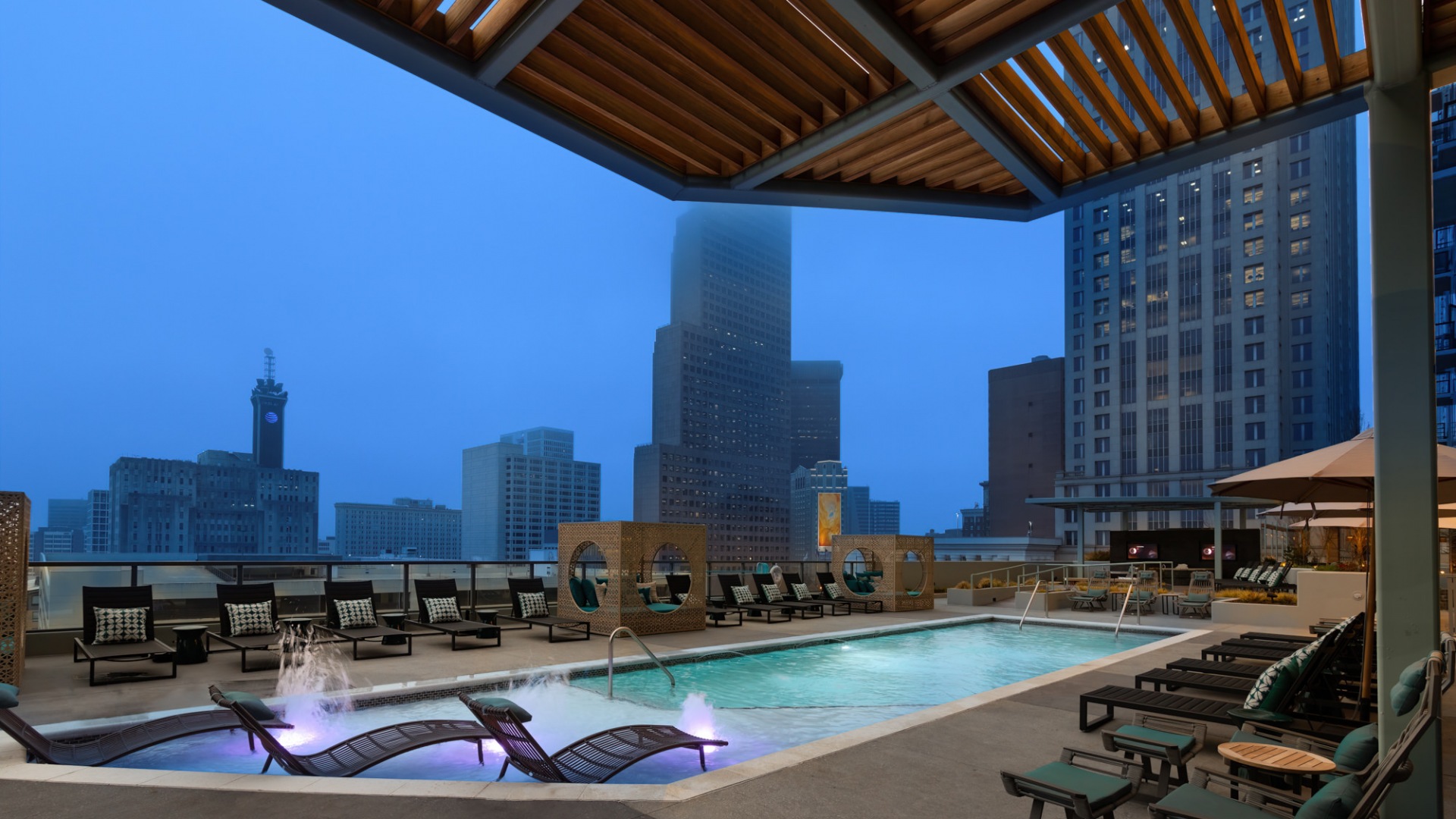 Peachtree pool deck evening fog downtown Atlanta