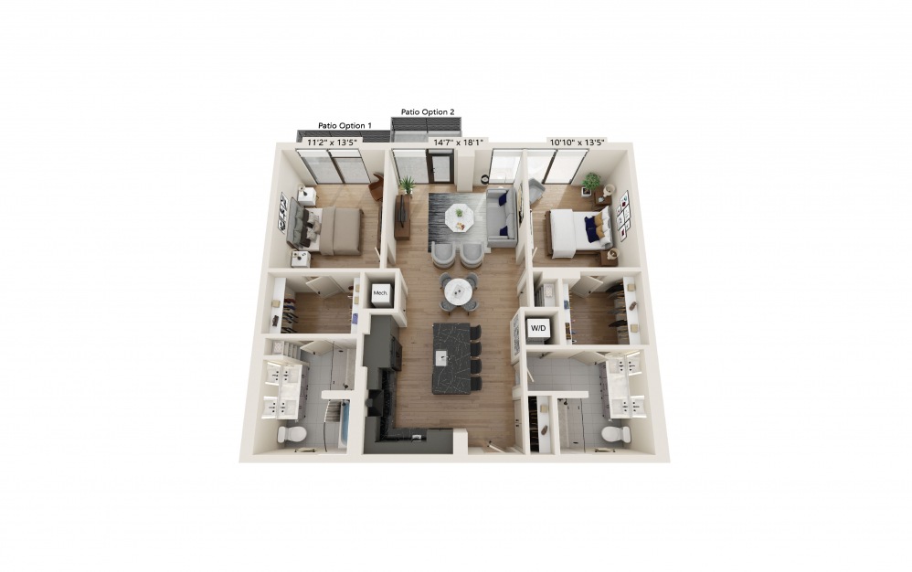 Two Bedroom Two Bath Penthouse - 2 bedroom floorplan layout with 2 baths and 1208 square feet.