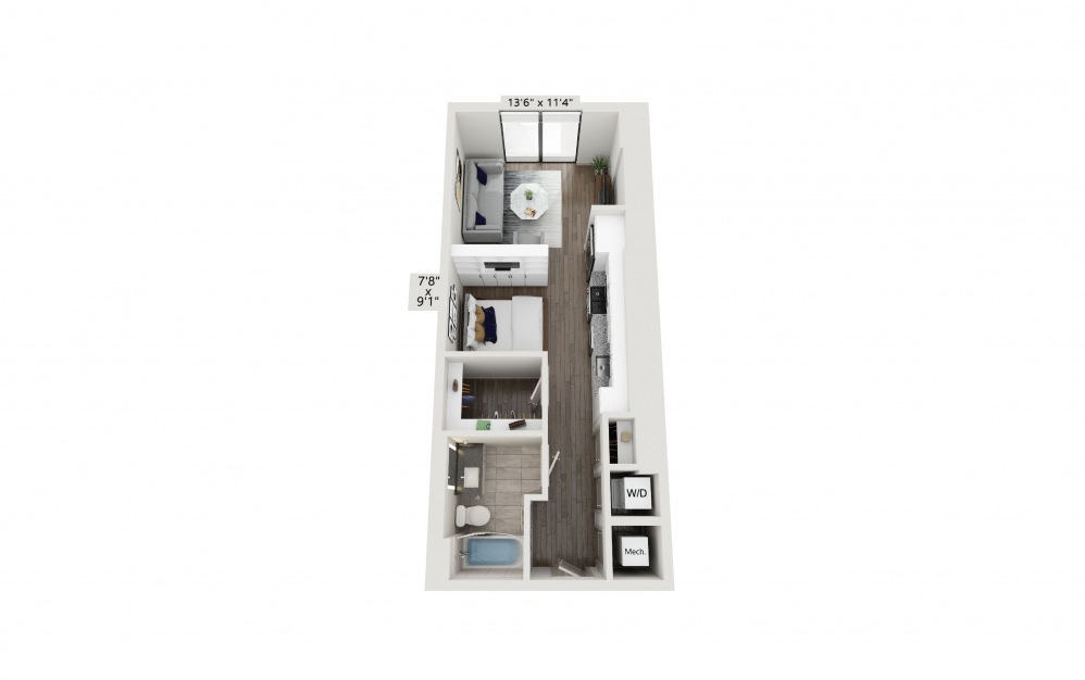 T-04 - Studio floorplan layout with 1 bath and 563 to 566 square feet.