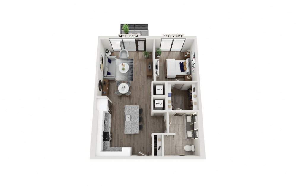 One Bedroom One Bath - 1 bedroom floorplan layout with 1 bath and 856 square feet.