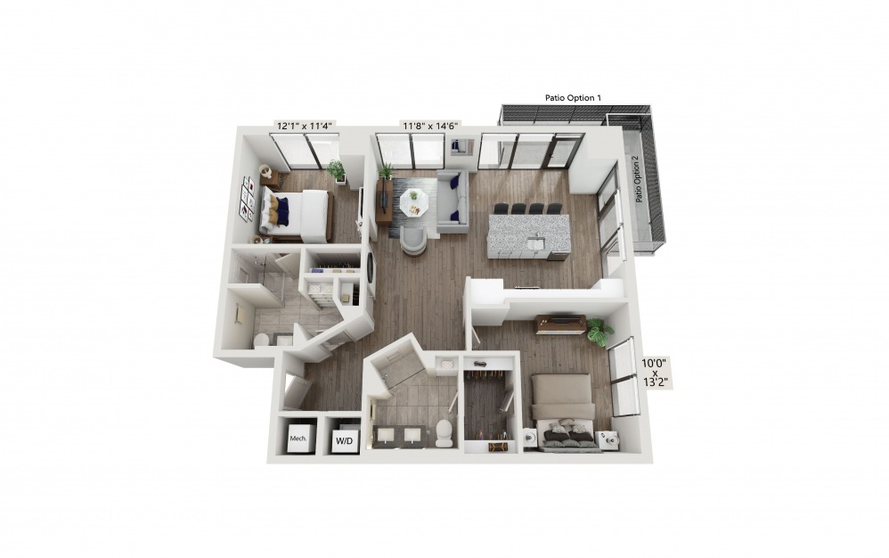 Two Bedroom Two Bath - 2 bedroom floorplan layout with 2 baths and 1141 square feet.