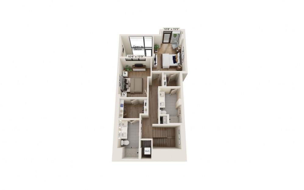 Two Bedroom Two and a Half Bath Townhouse - 2 bedroom floorplan layout with 2.5 baths and 1725 square feet. (Floor 2)