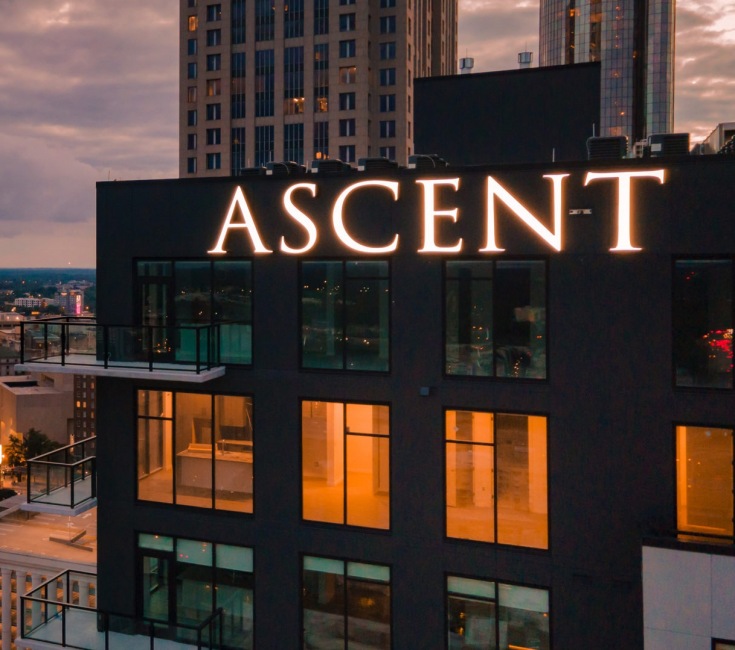 Exterior view of Ascent Peachtree apartments.
